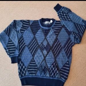 Vtg 90s blue geometric pullover sweater M Irban Works